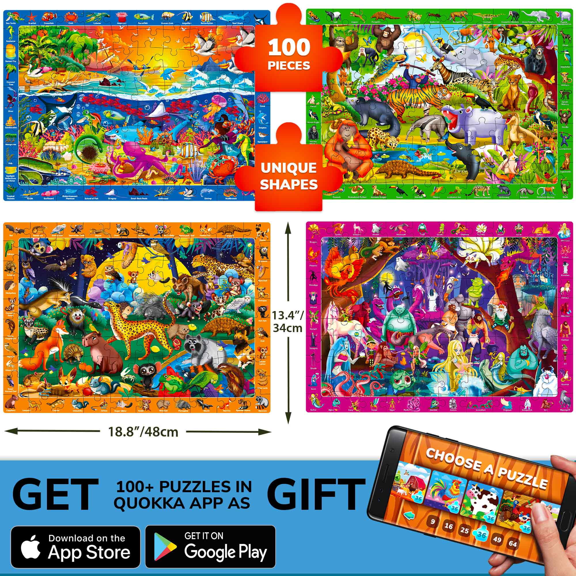 Quokka 100 Piece Jigsaw Puzzles for Kids – 4 Set Search and Find Educational Puzzles with Nocturnal Animals for Ages 5-8