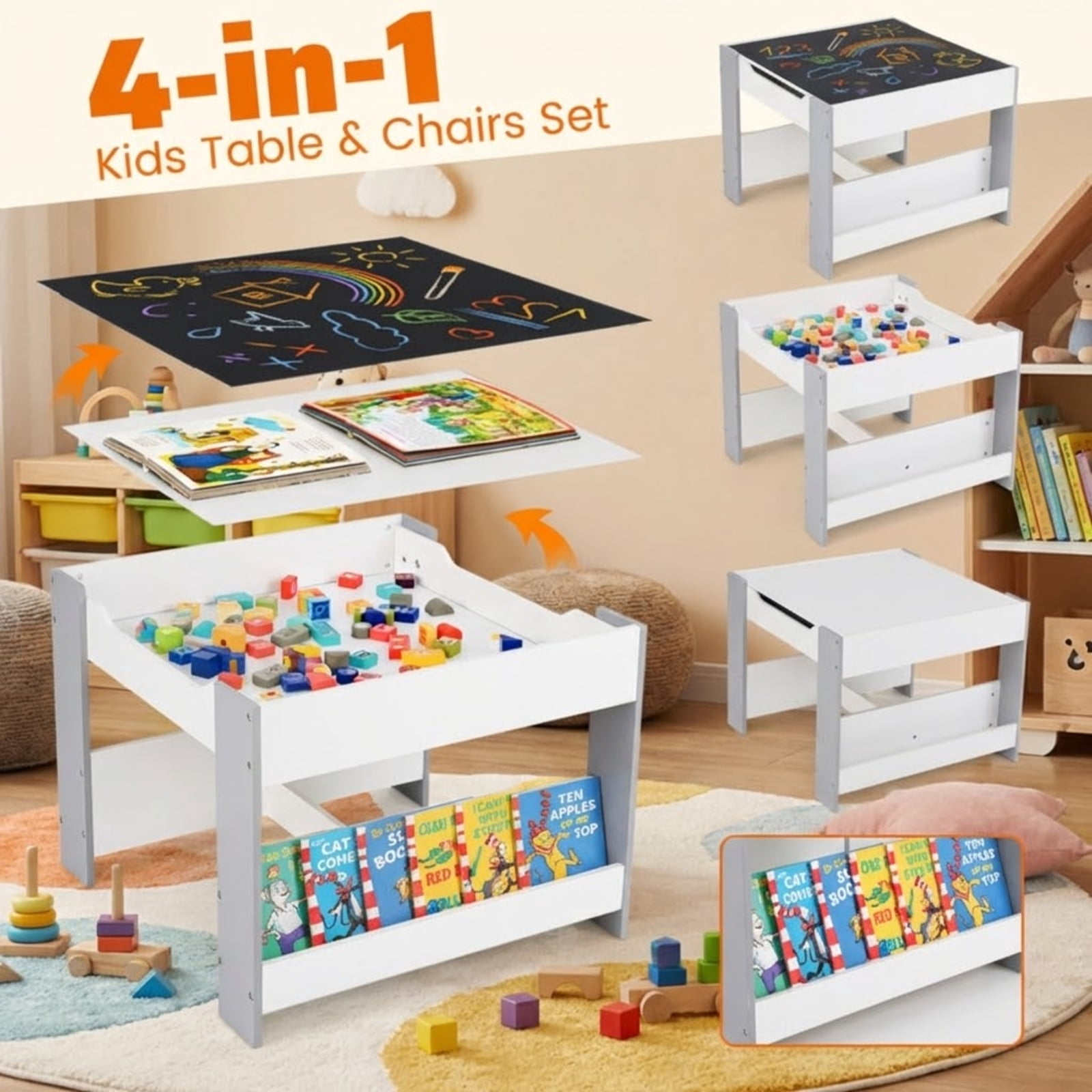 Furnibear Kids Table and Chair Set 4 in 1 Kids Toddler Activity Table and Chairs Set with