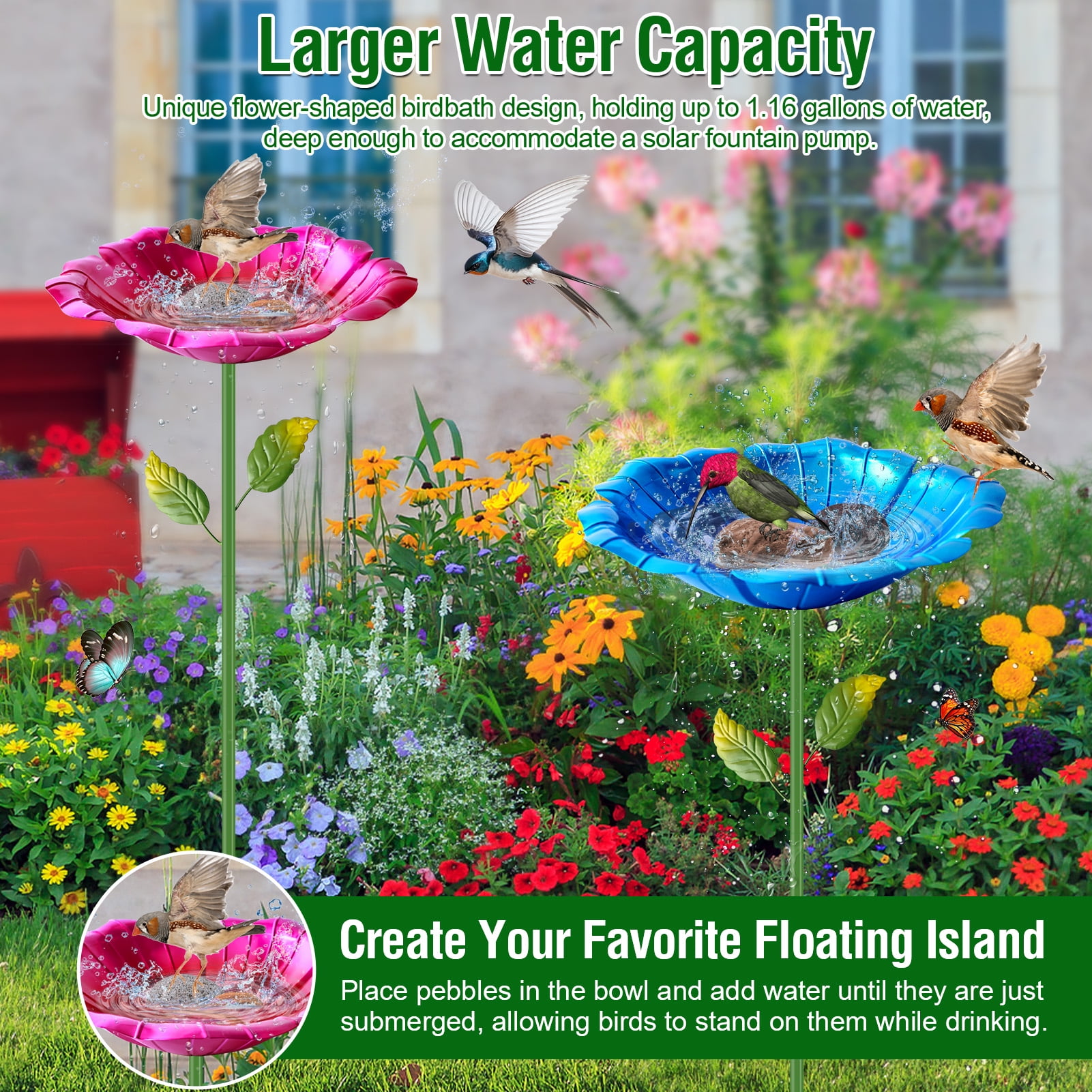 LANNEY Metal Bird Baths for Patio Outdoors, 31.5 Inch Height Large Birdbath Birdfeeder with Metal Stake Stand and 5-Prong Base Detachable Freestanding Bird Bath for Garden Yard Lawn Backyard Decor