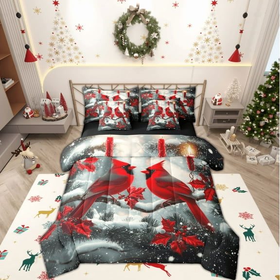 Manfei Red Cardinal Bird 7-Piece Twin Bedding Sets,Merry Christmas Bedding Comforter Set,Xmas Berry Leaves Sheet Sets For Girl Teens,Breathable Home Decor Reversible