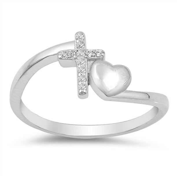 Sac Silver Clear Cz Beautiful Cross Heart Promise Ring 925 Sterling