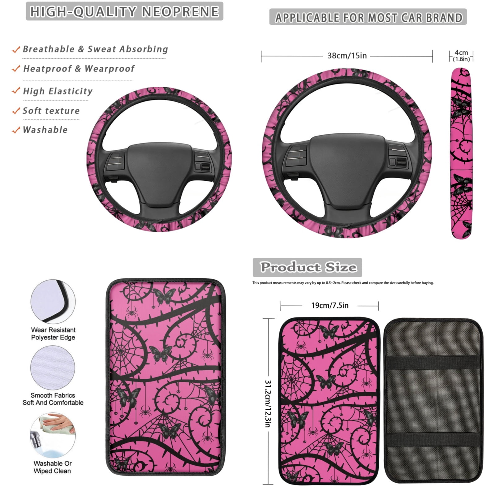 Yuyamidu Pink Gothic Auto Seat Cover Full Set 13 PCS Car Accessories Set Butterfly Steering Wheel Cover Armrest Cover Seatbelt Shoulder Pad Cup Mat Lip Gloss Holder Key Ring