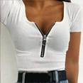 thumbnail image 6 of RYRJJ Womens Summer Tops Short Sleeve Shirts V Neck Slim Fit Zip Up Tops Ribbed Knit Henley Shirts Blouses(White,XXL), 6 of 7