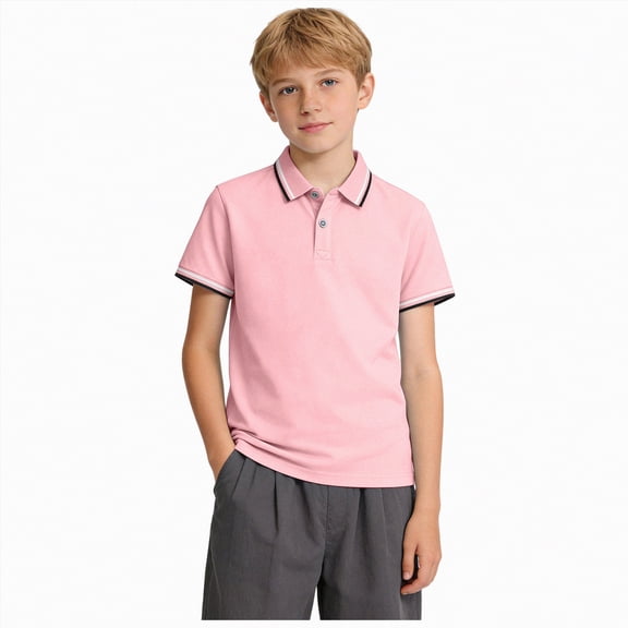 NIEWTR Boys Polo Shirts Casual School Uniform Tops Button Up Blouse Tees Golf Shirt Summer Short Sleeve T-shirts（Pink,5-6 Years)