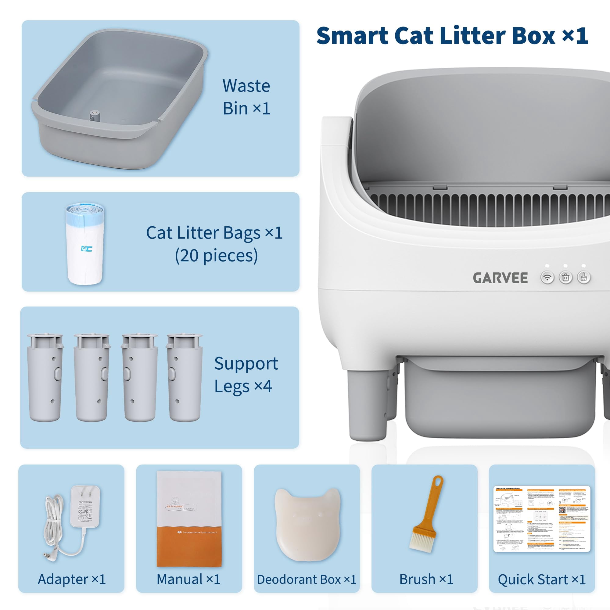 Smart-Controlled Automatic Self-Cleaning Cat Litter Box Featuring Extra Large Capacity, Safety Sensors, Low Noise Operation & Washable Tray. Includes Trash Bags Maintenance,Grey
