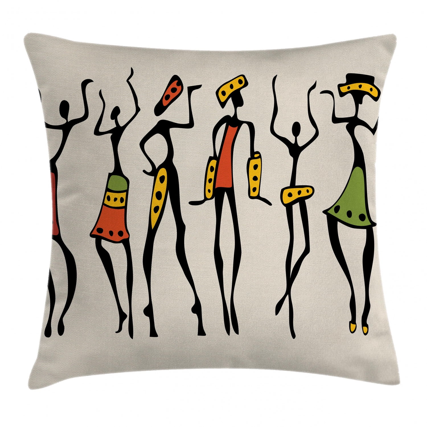 African Throw Pillow Case Sketchy Ethnic Dancer Square Cushion Cover 16 Inches 