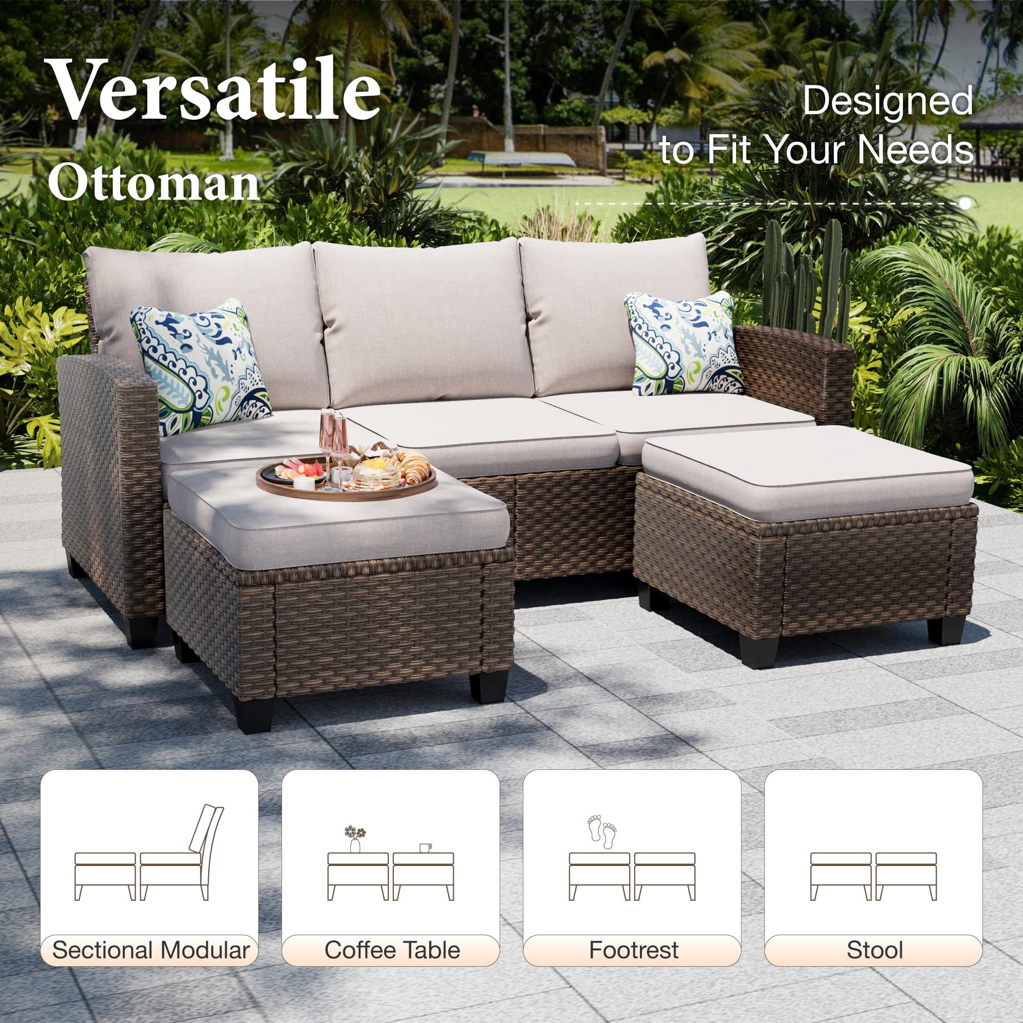 MF Studio 9-Seater Outdoor Patio Furniture Set with Fire Pit Wicker Patio Conversation Set Beige