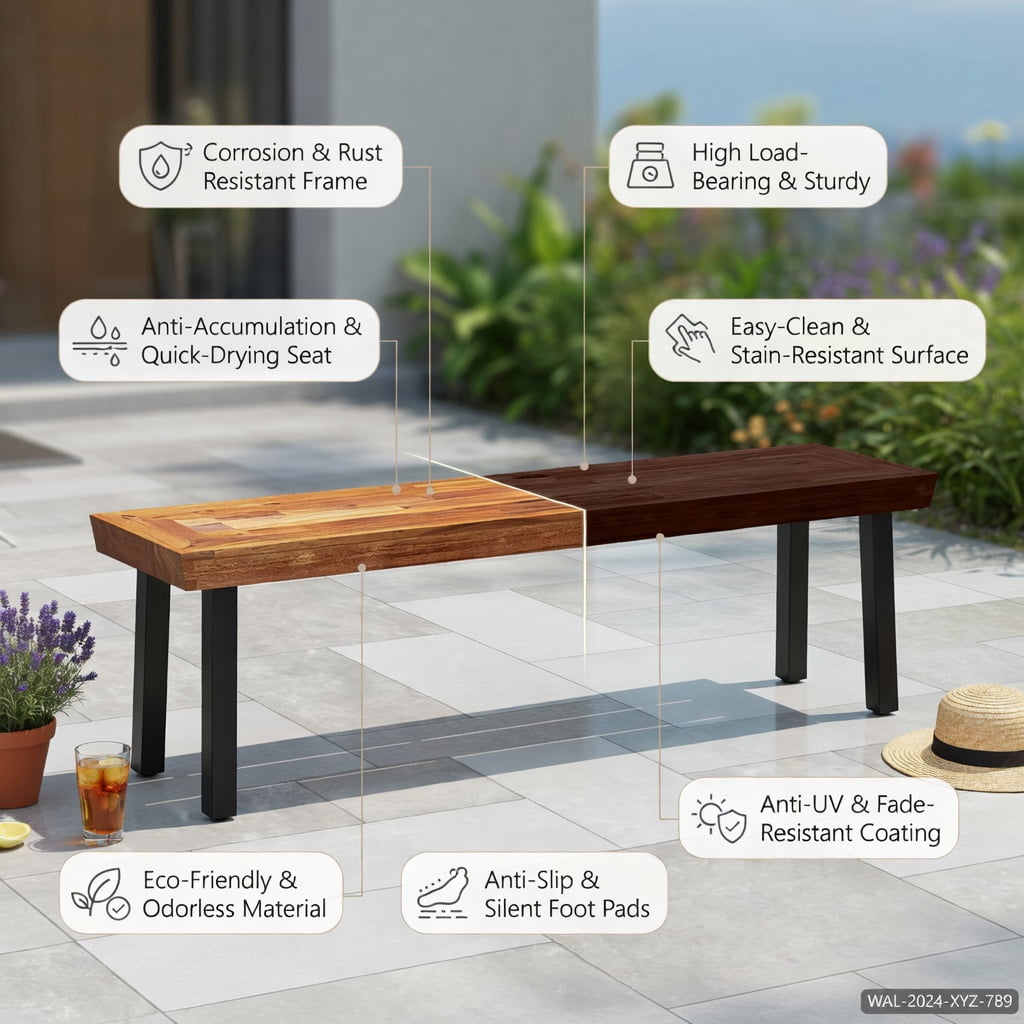 Hommoo Outdoor Acacia Wood Garden Bench for 2-3 People, Sturdy Metal Frame, Splinter-Free Patio Bench, 60" Backless Seating with Adjustable Feet, Brown