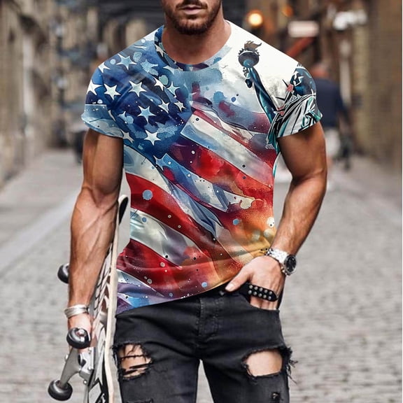 Vetsdori Men's Fourth of July Shirts Independence Day Short Sleeve Pullover Summer Red White and Blue,American Flag Outdoor Crew Neck Tops for Men