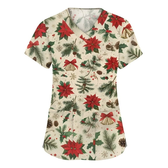 Stichou Christmas Scrubs Tops for Women Plus Size Holiday Gifts Graphic V Neck Happy Short Sleeve Nurse Working Uniform with Pockets Beige S