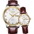 thumbnail image 1 of Pareja de San Valentín Relojes de cuarzo Calendario luminoso Ventana de fecha 3ATM Impermeable, Casual Acero inoxidable Reloj de pulsera para él y ella para hombres Mujeres Amantes Boda Regalos románticos Juego de 2 Esfera blanca y bisel dorado y correa marrón retro, 1 of 5