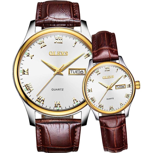 Pareja de San Valentín Relojes de cuarzo Calendario luminoso Ventana de fecha 3ATM Impermeable, Casual Acero inoxidable Reloj de pulsera para él y ella para hombres Mujeres Amantes Boda Regalos románticos Juego de 2 Esfera blanca y bisel dorado y correa marrón retro