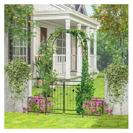 87 Inch Metal Garden Arbor with Gate & Planters - Black Wrought Iron Archway for Wedding, Backyard, Climbing Plants - Outdoor Decor