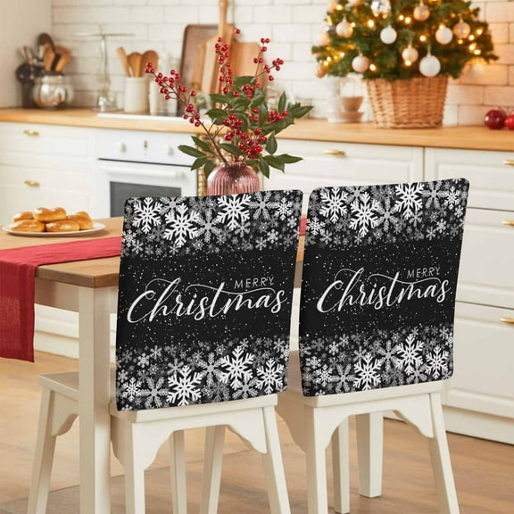 Merry Christmas Chair Covers Set of 4 Winter Snowflakes Retro White Black Chair Back Covers Stretch Removable Washable Slipcovers Protector for Dining Room Kitchen Party Decor