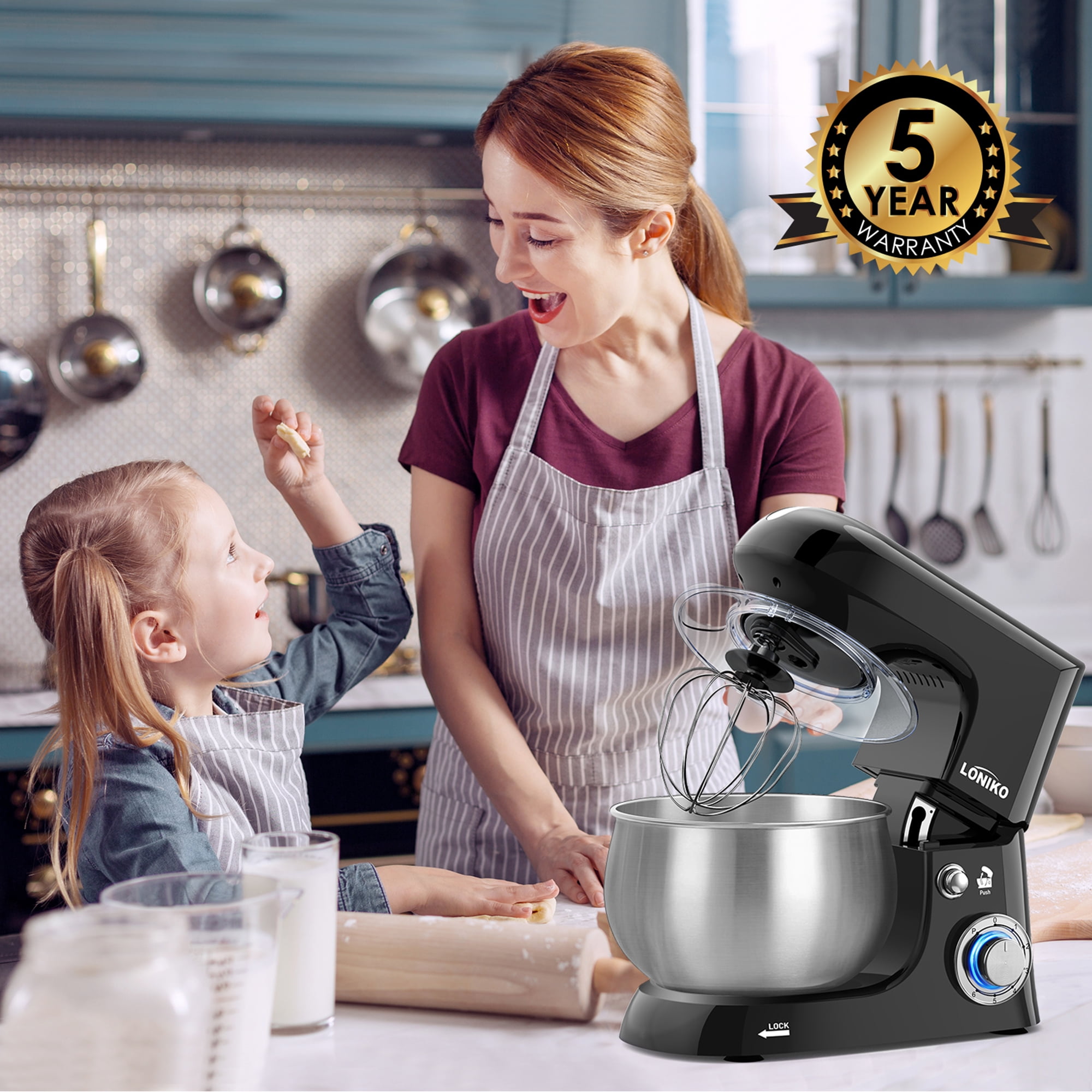 Definitie Kaal web Loniko Electric Stand Mixer,400W High Power 6-Speed Food Mixer, Tilt-Head  Kitchen Electric Dough Mixer with ,6.5QT Stainless Steel Bowl, Dough Hook,  Wire Whip and Beater,Black - Walmart.com