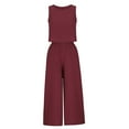 thumbnail image 5 of Tbopshirt Women's 2 Piece Outfits Women's Cotton And Linen Round Neck Sleeveless Shorts,Top,Widened Leg Pants,Long Pants Set Wide Leg Pants, 5 of 5