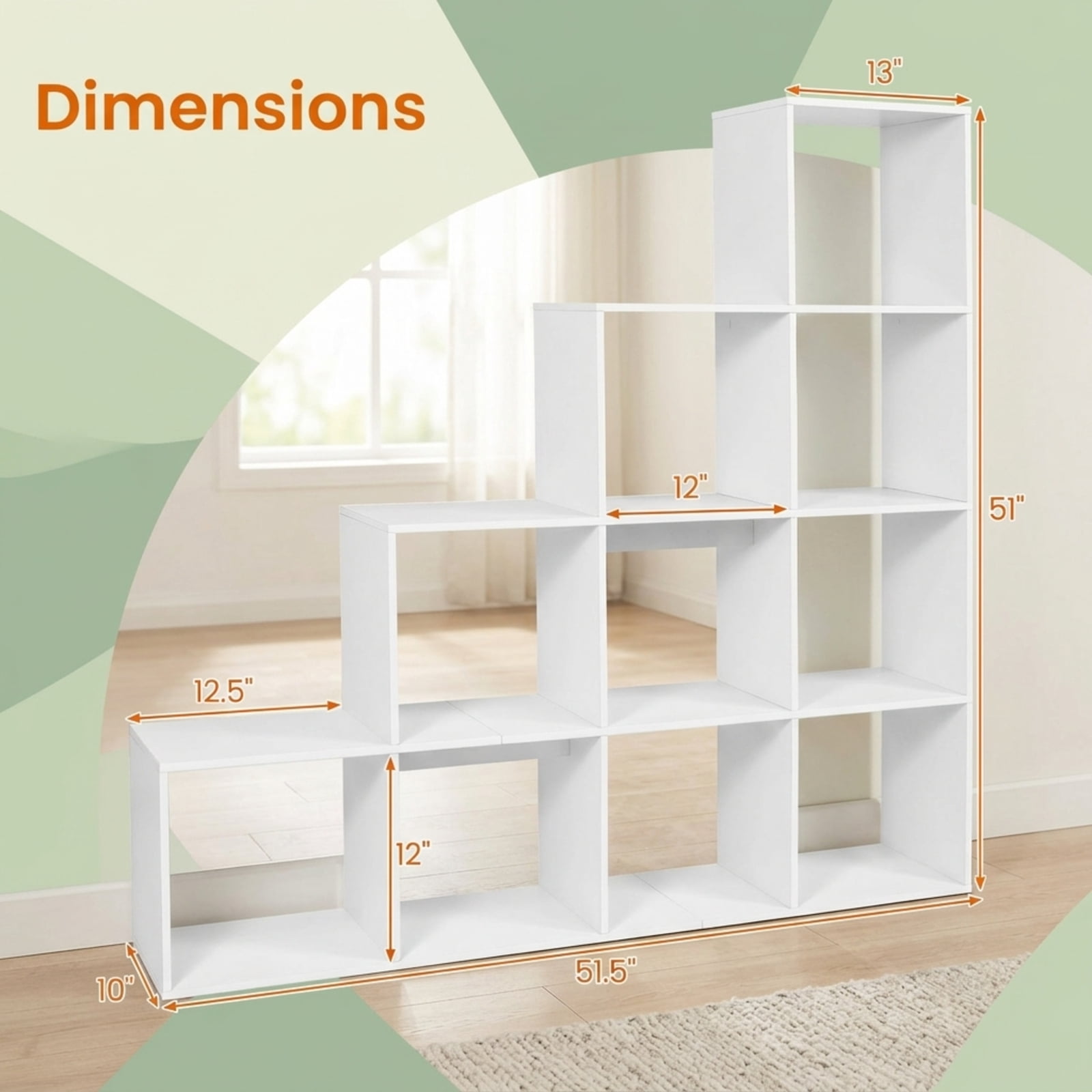 Furnibear 4-Tier Tall White Bookshelf with 10 Open Cubes Anti-Tipping Kits and Screw Hole Covers for Home Office and Living Room, White