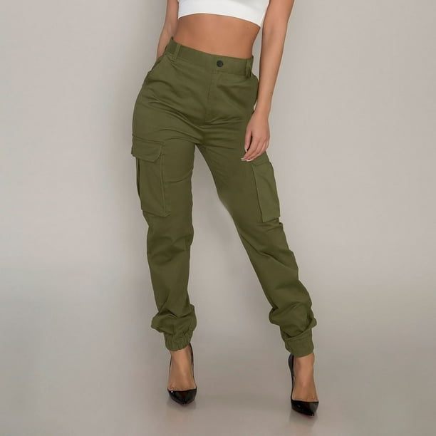 Women High Waisted Cargo Tapered Ankle Pants Stretch Fitted No