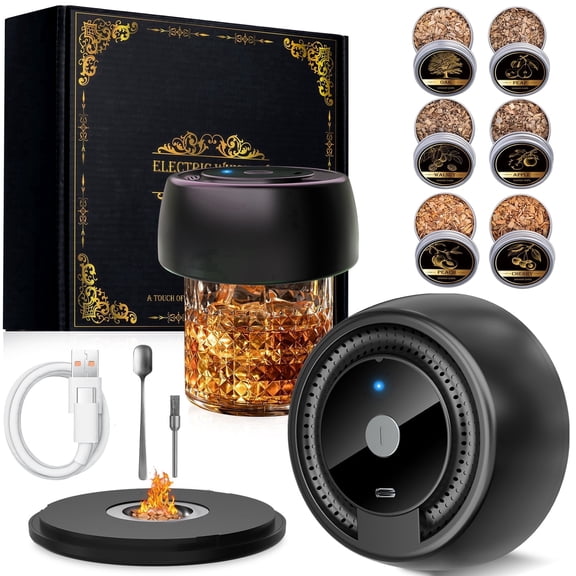Electric Whiskey Smoker Kit with 6 Wood Chips, No Butane Needed, Rechargeable Cocktail Smoker Kit, Smoker for Old Fashioned Cocktails, Gifts for Men, Dad, Husband, Birthday, Christmas - Black