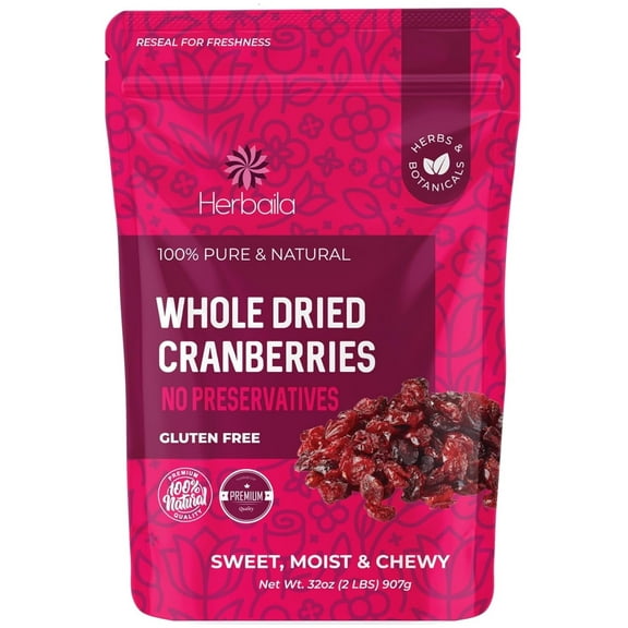 Herbaila Dried Cranberries, 32 oz (2 lb) – Non-GMO, No Preservatives, Resealable Bag