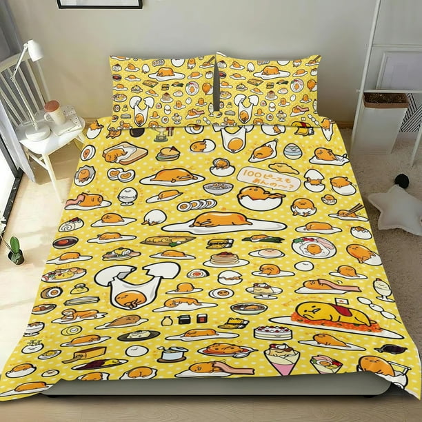 Gudetama Huevo Perezoso Conjunto de sábanas temático, trío de piezas, cómodo y amigable con la piel, diseño único, regalo de decoración para el hogar para familiares, amigos y fans, 90 cm * 190 cm