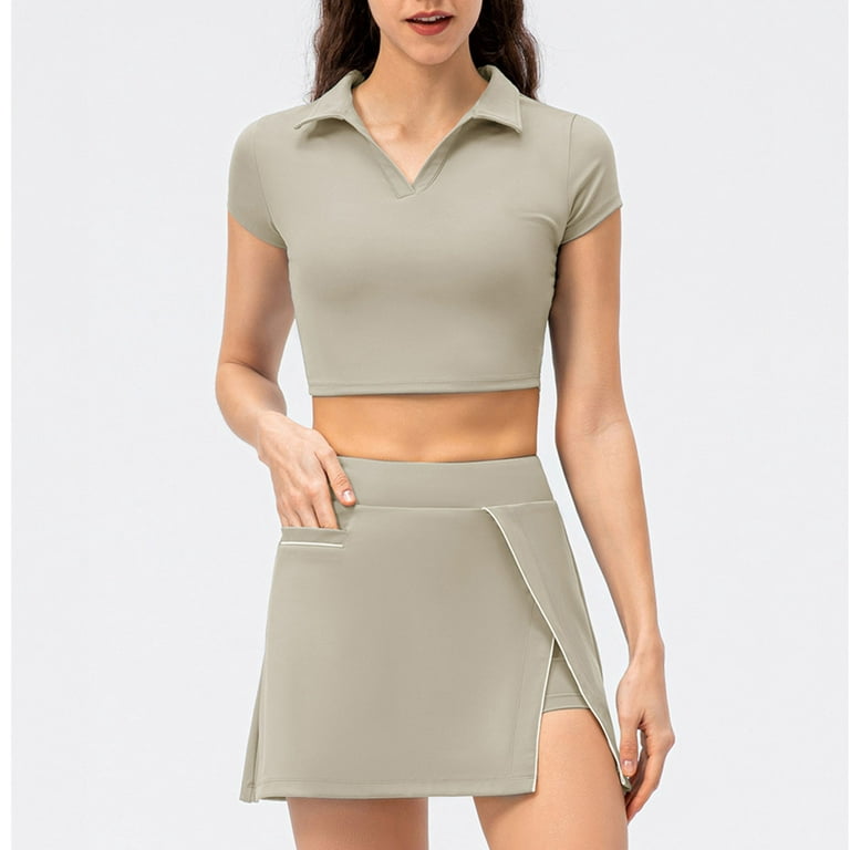 JWZUY Tennis Skirt Sets Women 2 Piece Outfits High Waist Golf Skorts Skirts  Crop Short Sleeve Lapel Tops Workout Sports Split Shorts with Pocket Beige  XS 