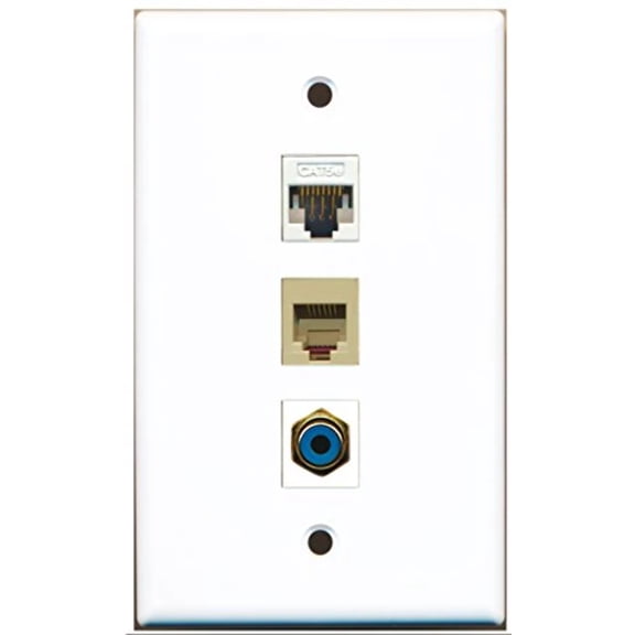 RiteAV - 1 Port RCA Blue and 1 Port Phone RJ11 RJ12 Beige and 1 Port Cat5e Ethernet White Wall Plate