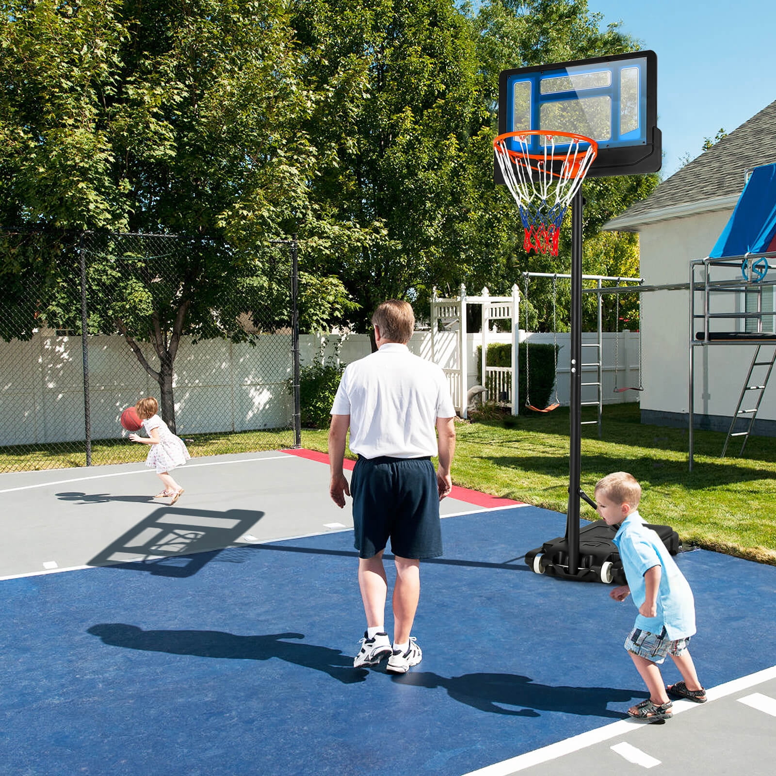 Costway Kids Basketball Hoop Portable Backboard System with Adjustable Height Ball Storage Blue + Black