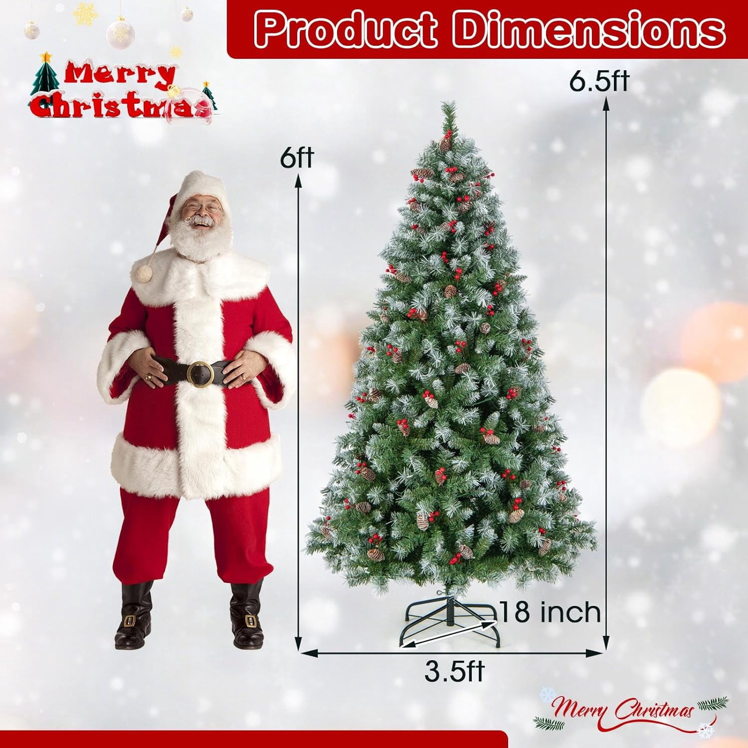 Gymax 6.5’ Xmas Artificial Tree Decor Hinged 207 Red Berries and 420 Warm LED Lights