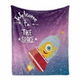 thumbnail image 1 of Outer Space Soft Flannel Fleece Throw Blanket, Welcoming Words Print with Retro Style Mascot Vessel Traveling in Milky Way, Cozy Plush for Indoor and Outdoor Use, 70" x 90", Purple Blue, by Ambesonne, 1 of 6