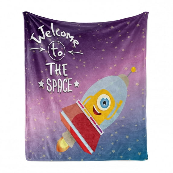 Outer Space Soft Flannel Fleece Throw Blanket, Welcoming Words Print with Retro Style Mascot Vessel Traveling in Milky Way, Cozy Plush for Indoor and Outdoor Use, 70" x 90", Purple Blue, by Ambesonne
