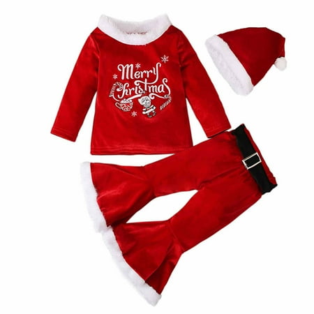

YWDJ 1-8 Years Christmas Girls Outfit Sets Fall Winter Pattern Long Sleeve Flare Pants Hat Three Piece Set Red 3-4 Years