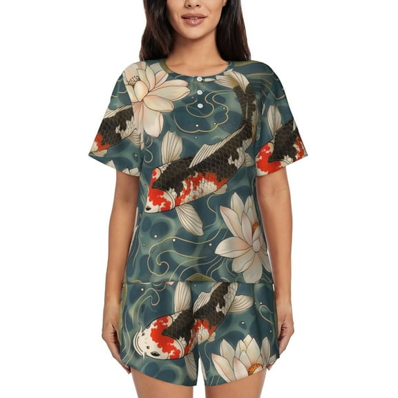 Koi Fish Vintage Lotus (17) Womens Pajamas Short Set Soft Short Sleeve Sleepwear Button Down Pjs Set with Pockets S XXL Small