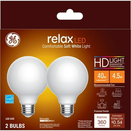 

GE Relax LED Globe Light Bulbs Soft White Frosted Finish 40 Watt Eqv Medium Base 2pk