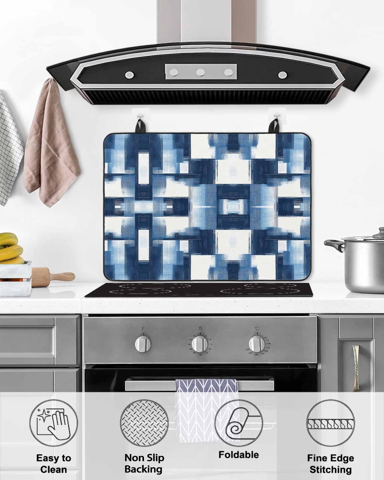 nqOlkjepod Large Induction Cooktop Protector Mat 24"x21", Blue White Geometric Stove Top Covers for Electric Stove, Vintage Abstract Plaid Texture Stove Burner Cover Mats, Glass Top Stove Cover