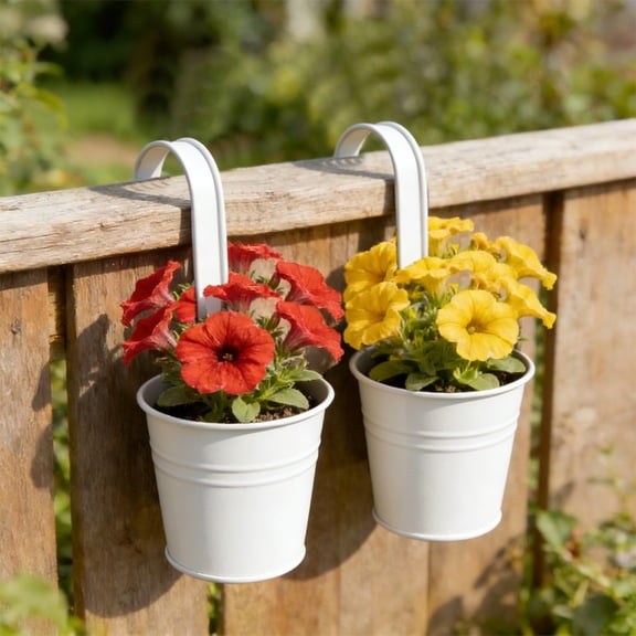 Cadancy Hanging Flower Pots with Hooks Metal Bucket Planters Railing Fence Outdoor Garden Balcony Decor Detachable Design for Easy Installation
