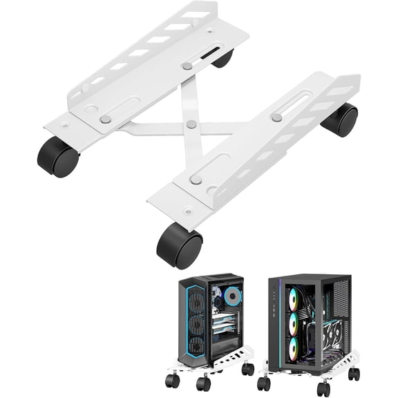 PEGZONE Adjustable PC Stand for Floor, Rolling CPU Tower Stand with 4 Caster Wheels, 6.3"-11.8" Width, 15.75"-20.08" Length, Ventilated Steel Computer Stand, 55 lb Capacity, White