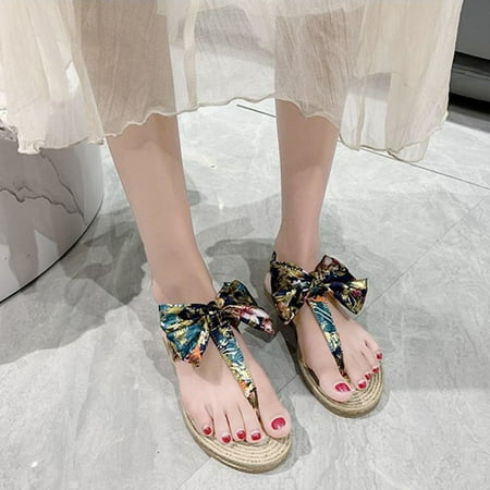

Fanxing Womens Flatform Bohemia Sandals Summer 2023 Floral Print Cute Flip Flops Elastic Ankle Strap Comfy Espadrilles for Young Women