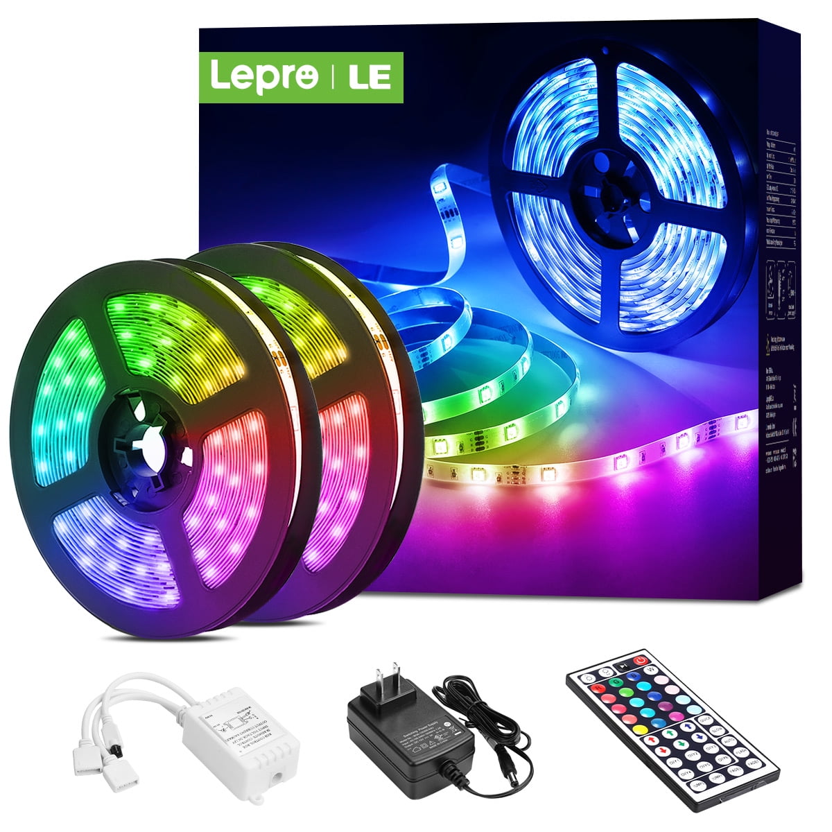 Lepro LED Lights for Bedroom 32.8ft, RGB LED Light Strips, 5050 LED Color Changing Tape Light with 44 Key Remote and 12V Power Supply, LED Lights Room, TV Backlight, Kitchen, Bar -