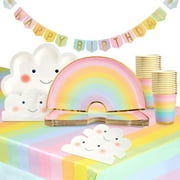 99-Pieces Rainbow Party Supplies, Pastel Dinnerware, Tablecloth, Happy Birthday Banner Decoration (Serves 24)