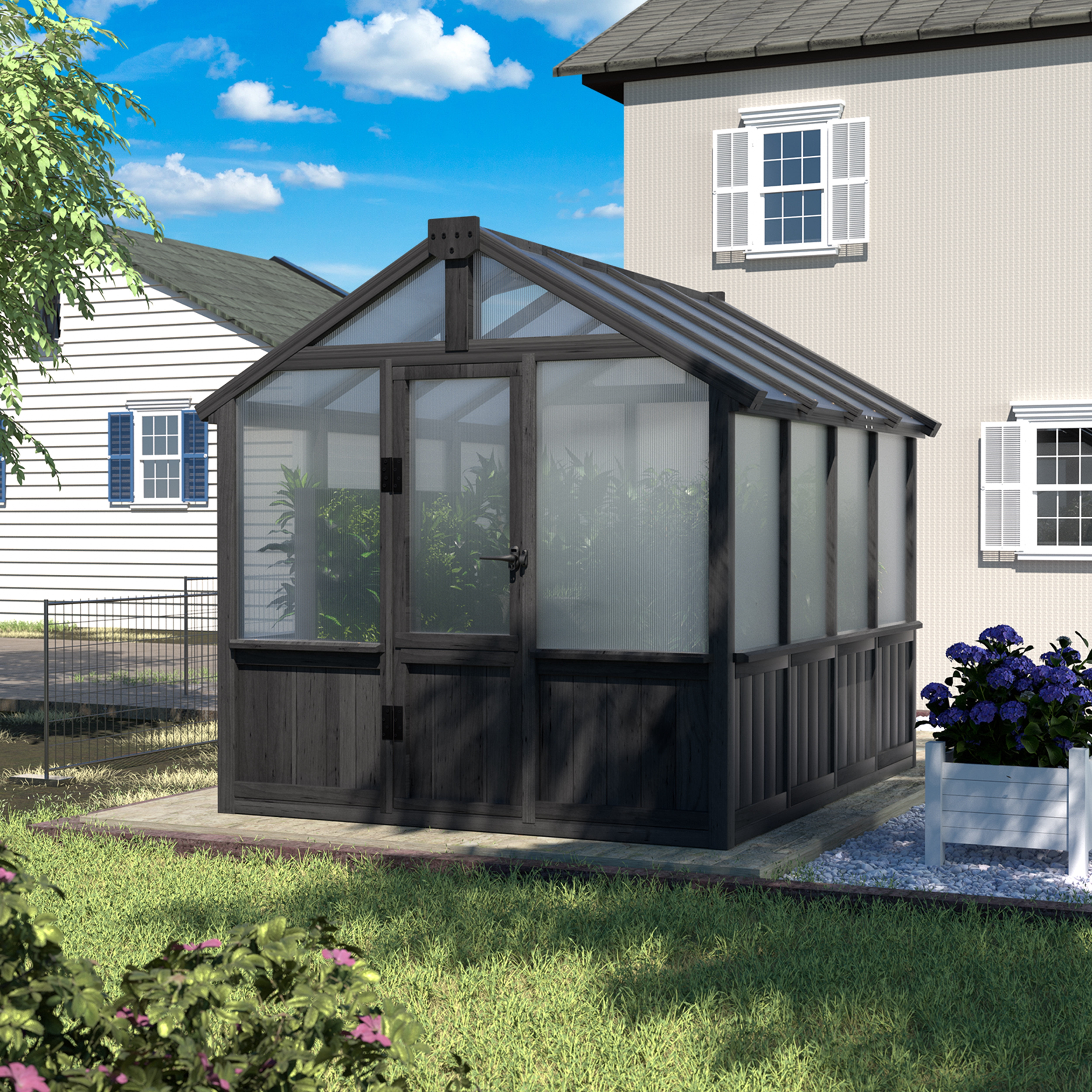 VEIKOUS 6 x 8ft Outdoor Walk-in Wood Greenhouse W/ Polycarbonate Panels, Adjustable Roof Vents & Lockable Door, Black