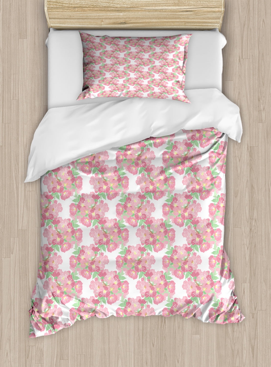 Cherry Blossom Twin Size Duvet Cover Set, Symbolic Japanese Tree Burst