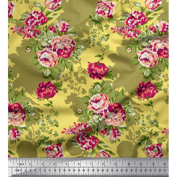 Soimoi Yellow polyester Crepe Fabric Leaves & Grandiflora Roses Floral Print Fabric by the Yard 52 Inch Wide