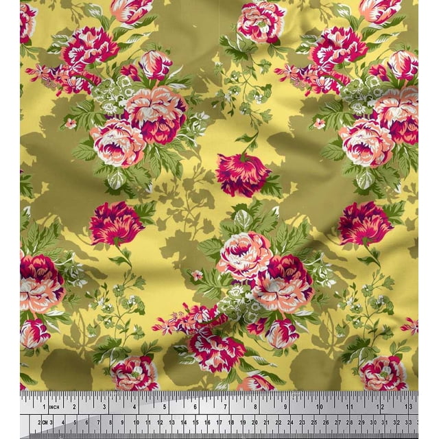 Soimoi Yellow polyester Crepe Fabric Leaves & Grandiflora Roses Floral Print Sewing Fabric Yard 42 Inch Wide