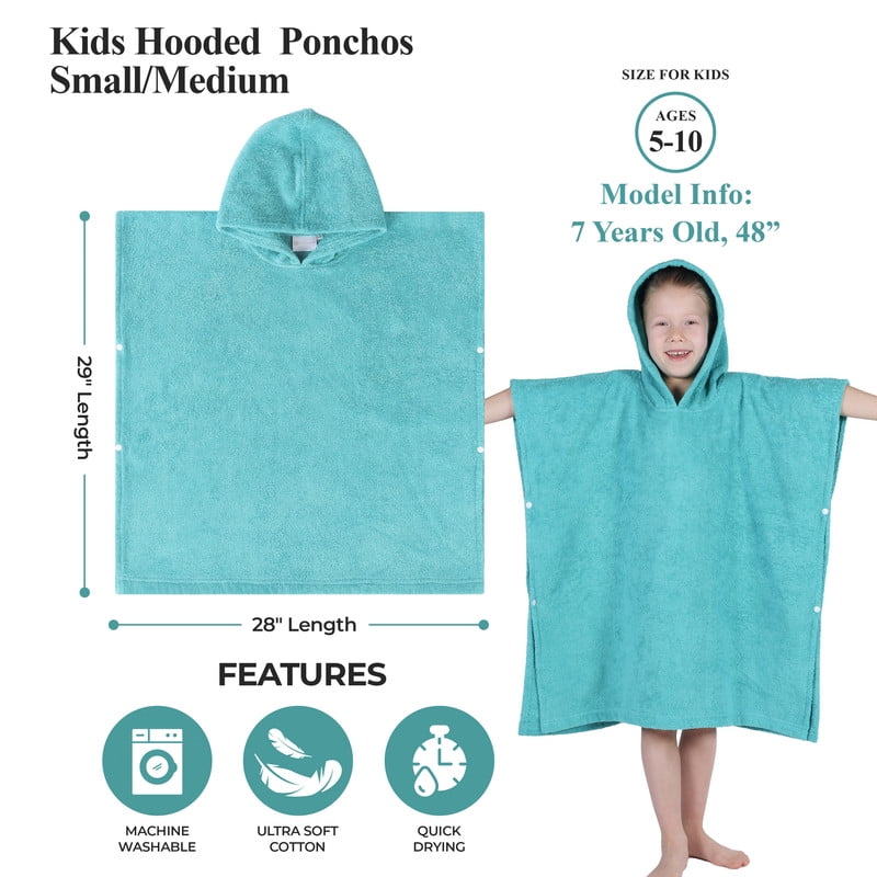 Superior Lyron Kids Cotton Terry Medium Weight Hooded Poncho Bath Towel, Small/Medium, Teal