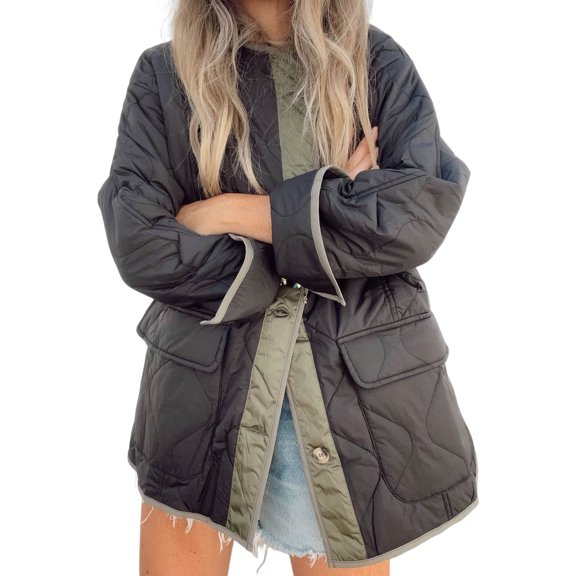 Women Winter Coat with Double Pockets Loose Color Matching Single-breasted Mid Length Casual Daily Wear Jacket