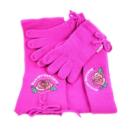 Hot Pink Harley Davidson Knit Scarf, Gloves, Hat Set