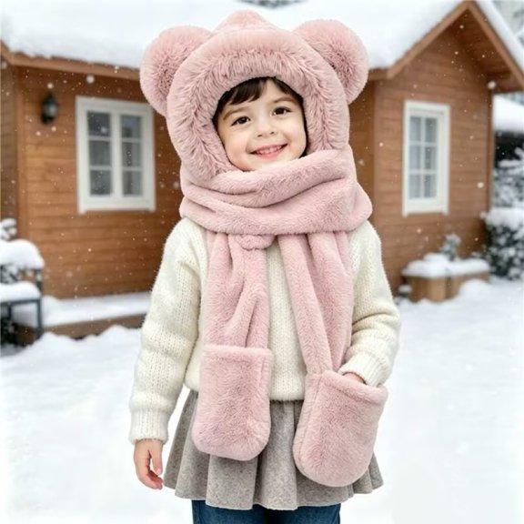 Yotami Kids Hooded Scarf Gloves 3 Pieces Set, Toddler Fuzzy Fleece Bear Ear Warm Winter Hat Scarf Glove Combo for Boys Girls Outdoor Cold Weather