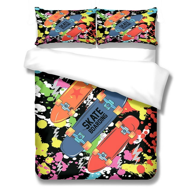 Set de edredón Skateboards Microfibra Duvet Funda Almohada Shams Boys Durmiente Artículos para el hogar Dibujos animados Imprimir juegos de cama L 3 piezas Vogacara HA012069-07