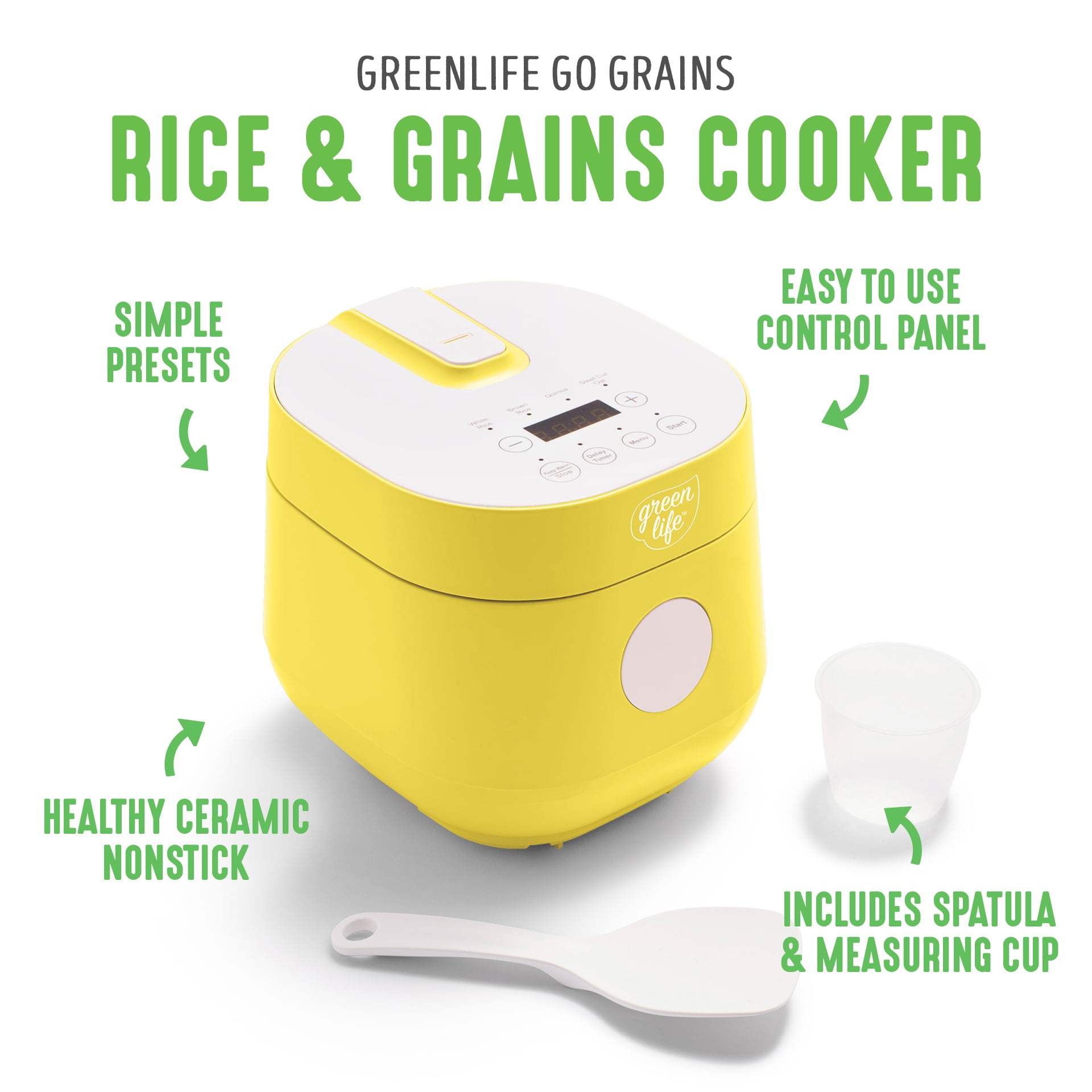 GreenLife Healthy Ceramic Nonstick 4-Cup Rice Oats and Grains Cooker,  PFAS-Free, Dishwasher Safe Parts, White
